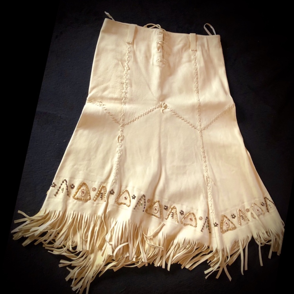 Ralph Lauren beaded white fringe leather skirt